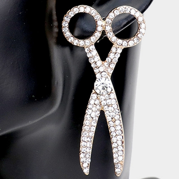 Gold Scissor Shaped Rhinestone Crystal Drop Earrings Fashion Statement Jewelry - Picture 3 of 4